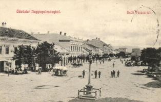 Nagytapolcsány, Topolcany; Deák Ferenc tér, piac, üzletek. Kiadja Zarkower Márk / square, market, shops (EK)