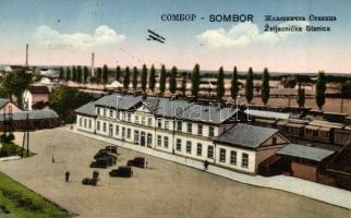 Zombor, Sombor; Zeljeznicka Stanica / Vasútállomás, automobilok. Kiadja Andrija Rangl / railway station, automobiles + 1941 Zombor visszatért So. Stpl. (EK)