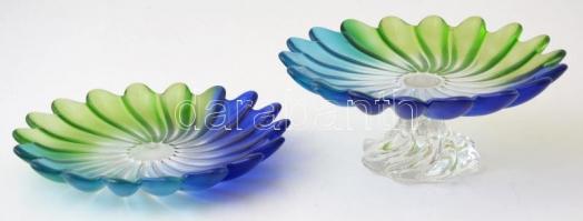 cca 1930 Walther Glass Liebenstern art deco kék-zöld talpas kínáló és tál (2db), jelzés nélkül, form...
