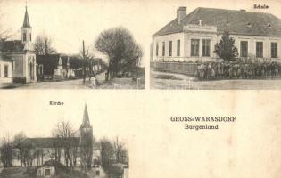 1932 Szabadbáránd, Grosswarasdorf; templom utca, római katolikus iskola / Kirche, Schule, Strasse / church, school, street