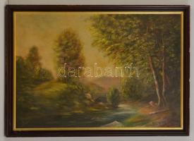 Kézdi jelzéssel: Patak part kőhiddal. Olaj, vászon, keretben, 50×72 cm