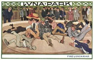 1910 Wien, Erste Internationale Jagdausstellung. Luna Park mit Freudenrad / The First International Hunting Exposition in Vienna. Advertisement art postcard s: A. Gerstenbrand