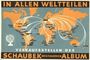 In allen Weltteilen verkaufsstellen des Schaubek Briefmarkenalbum / German stamp album advertisement card + 1940 Leipzig Briefmarken Werbeschau So. Stpl (EK)