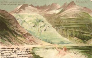 1899 Rhonegletscher, Rhone Glacier; La Rhone senfayant vers le midi / Rhone with human face. F. Killinger No. 120. litho + Besztercebánya Pénzrovátolás