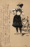 Lady with bicycle. Emb. litho s: Heyer