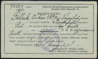 1940-1941 Katonai igazolvány tétel, 3 db: 
háborús emlékérem viselésére jogosító igazolvány (1940, ...