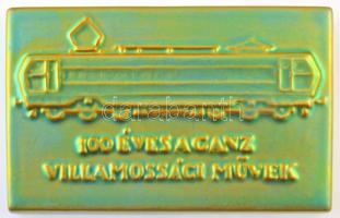 ~1978. 100 éves Ganz Villamossági Művek eozin mázas Zsolnay porcelán emlékplakett (145x91mm) T:2 hátoldalán kis ragasztásnyom