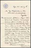 1913 Eger, Egri Zeneakadémiai Kör elnökségének részére szóló felkérés az 1848. március 15. emlékünnepség megrendezésének ügyében, Egri Kaszinó fejléces papírján, aláírással.