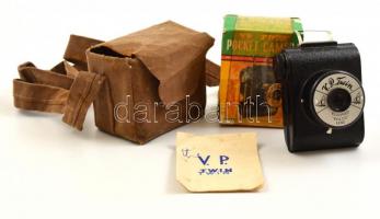 cca 1930 VP Twin, bakelitvázas angol mini fényképezőgép, erdeti bőr tokjában, dobozában, leírással, szép állapotban / Vintage British pocket camera, with original leather case, box, manual, in good condition