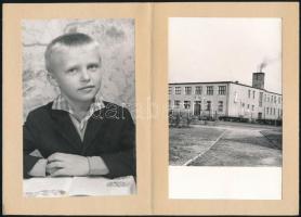 1964 Budapest - Csepel, Az Iskola téri iskola épülete, 4 db fotó, közte két gyermekportré emléklapra...