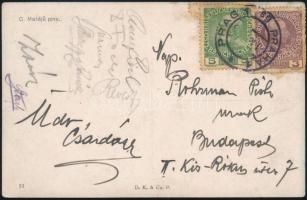 cca 1910 Zsák Károly, Stark József és Révész Béla válogatott labdarúgók és mások aláírásai Prágából küldött levelezőlapon
