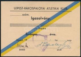 cca 1940 Újpest-Rákospalotai Atlétikai Klub kitöltetlen tagsági igazolványa