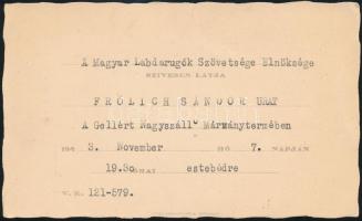 1943 a MLSZ elnökségének meghívója Fröhlich Sándor válogatott labdarúgó részére