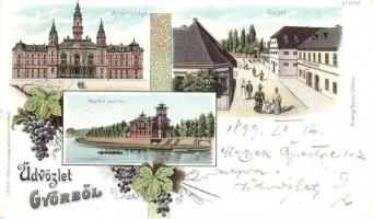 1899 Győr, Sziget, Új városháza, Regatta pavilon. Berec Viktor kiadása. szőlős Art Nouveau litho (EK)
