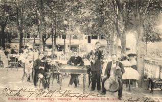1905 Budapest II. Hűvösvölgyi vendéglő cigány muzsikusokkal a kertben, cimbalom (EK)
