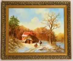 Mészáros Erzsébet (1962-): Fogadó. Olaj, farost, jelzett, keretben, 40×50 cm