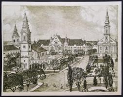 Kádas István (1941- ): Kecskemét Belváros, rézkarc, papír, jelzett, 32×42 cm