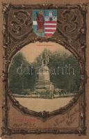 1901 Győr, Kisfaludy szobor. Címeres Art Nouveau litho keret. Rőszler Károly kiadása (EK)