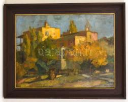 Vidéky Brigitta (1911-?): Bérház. Olaj, karton, jelzett, fa keretben, 36×49 cm