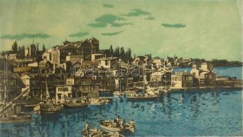 Görög Rezső (1930- ):Mediterrán falu. Színes rézkarc, papír, jelzett, üvegezett fa keretben, 39×71 cm
