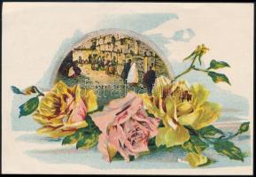 cca 1912 Héber nyelvű újévi üdvözlet, hátoldalon siratófali litográfiával