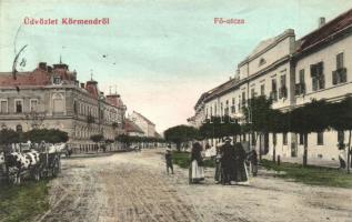 1908 Körmend, Fő utca, ökörszekér, Korona szálloda és kávéház, Takarékpénztár (Heiszig kereskedőcsalád háza)