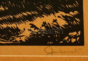 Sterbencz Károly (1901-1997): Utcarészlet patakkal. Fametszet, papír, jelzett, keretben, 15×23 cm