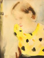László Gyula (1910-1998): Kislány portréja, akvarell, papír, jelzett, paszpartuban, üvegezett fa keretben, 38,5×30 cm