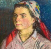 Moldován István (1911-2000): Kendős lány, pasztell, papír, jelzett, paszpartuban, üvegezett fa keretben, 40×41,5 cm