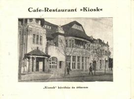 Győr, Kioszk Kávéház és étterem az autósok találkozóhelye. Négy-lapos kihajtható reklám képeslap a Rába híddal és városházával (fa)