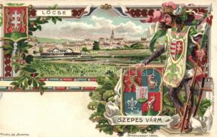 Lőcse, Levoca; Szepes vármegye címere, vasútállomás, látkép. Athenaeum Rt. kőnyomdája / railway station, Spis County coat of arms. floral Art Nouveau litho (EK)