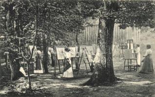 1913 Nagybánya, Baia Mare; Festő iskola festőállványokkal. W.L. Bp. 6046. Kiadja Krizsanovszky Lőrincz / art school with easels