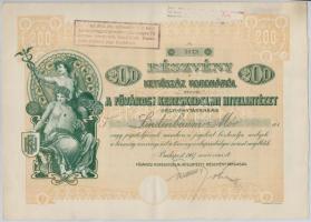 Budapest 1907. A Fővárosi Kereskedelmi Hitelintézet részvénye 200K-ról, szelvényekkel, szárazpecséttel, felülbélyegzésekkel T:II