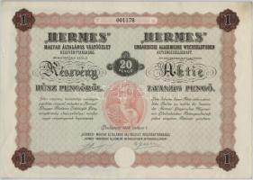 Budapest 1926. Hermes Magyar Általános Váltóüzlet Részvénytársaság részvénye 20P-ről, szelvényekkel, szárazpecséttel T:I-