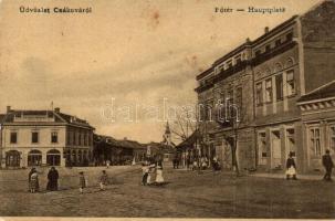1909 Csák, Csákova, Ciacova; Fő tér, Népbank Mint rt., Nemzeti szálloda. W.L. 1104. / main square, bank, hotel (fl)