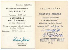 5db klf kitüntetés viselésére jogosító igazolvány, közte "A Könnyűipar Kiváló Dolgozója", ...