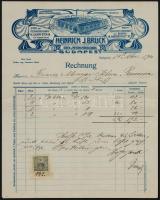 1910 Bp., Heinrich J. Bruck vas és rézbútorgyárnak fejléces számlája, 10 f. okmánybélyeggel