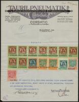 1925 Tauril Pneumatik Rt. fejléces számlája, 9 db 10000 kr, 1 db 50000 kr, 2 db 1000 kr, 1 db 500 kr, 1 db 100 kr, 1 db 50 kr okmánybélyegekkel