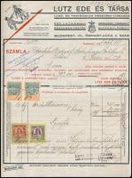 1925 Bp., Lutz Ede és Társa lakk- és festékgyár fejléces számlája, 2 db 100 kr, 1 db 25000 kr, 1 db 10000 kr okmánybélyeggel