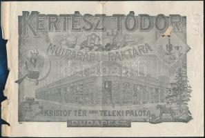 1921 Bp.,Kertész Tódor műiparárú raktárának fejléces számlája, a hátoldalán díszes illusztrációval, ...