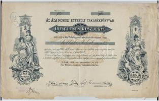 Ada 1902. Az Ada Moholi Egyesült Takarékpénztár névre szóló ideiglenes részvénye 200K-ról, szelvényekkel, szárazpecséttel, bélyegzéssel T:III-,IV