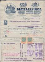 1924 Bp., Krayer E. és Társa festék-kence és lakk-gyárának fejléces számlája, 2 db 100 kr okmánybélyeggel