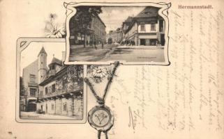 1906 Nagyszeben, Hermannstadt, Sibiu; Városháza, Disznódi utca, Julus Wermescher üzlete / Heltauergasse, Rathaus / street, town hall, shop. Art Nouveau (EK)