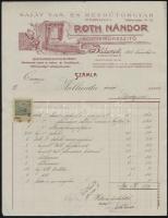 1908 Bp., Roth Nándor ágyneműkészítő fejléces számlája, 10 f. okmánybélyeggel