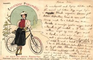 Excelsior Pneumatic. Hannov. Gummi-Kamm Co. Act-Ges. Hannover-Limmer / German bicycle and tire shop advertisement art postcard with cycling lady. Edler & Krische litho