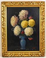 SJ jelzéssel: Virágcsendélet. Olaj, karton, keretben, 65×50 cm