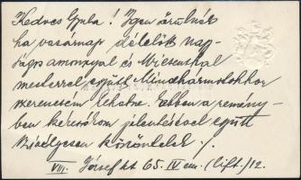 Nádasdi Sárközy Elemér (1900-1988) festőművész névjegykártyája, a hátoldalán saját kezű soraival