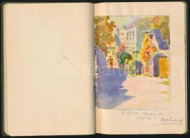 1926-1928 Emlékkönyv számos érdekes írással, egy akvarellel, korabeli illusztrált vászon-kötésben