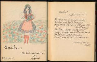 1939-1942 Emlékkönyv számos érdekes írással, számos rajzzal illusztrálva, korabeli illusztrált vászo...