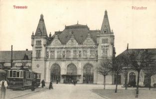 Temesvár, Timisoara; vasútállomás, villamos / railway station with tram